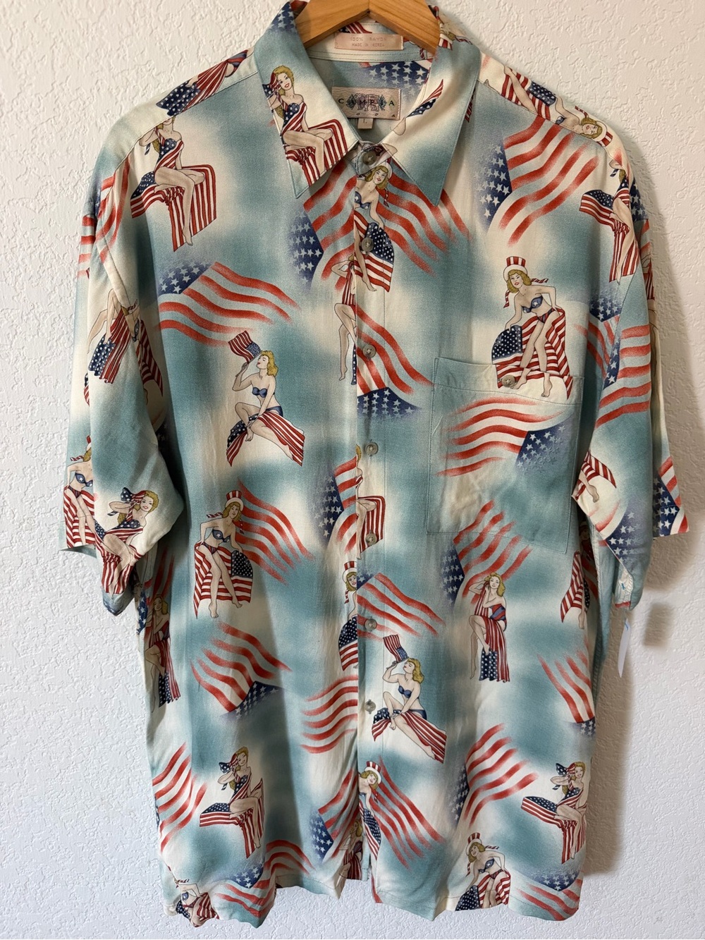 Short-Sleeve Patriotic Print Button-Down Shirt - Blue/Red